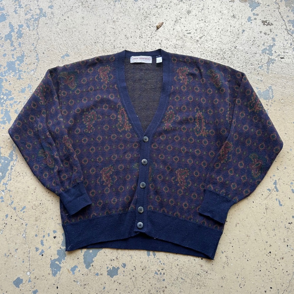 John Ashford Vintage Made in Italy Paisley Wool Blend Cardigan Sweater Mens Med
